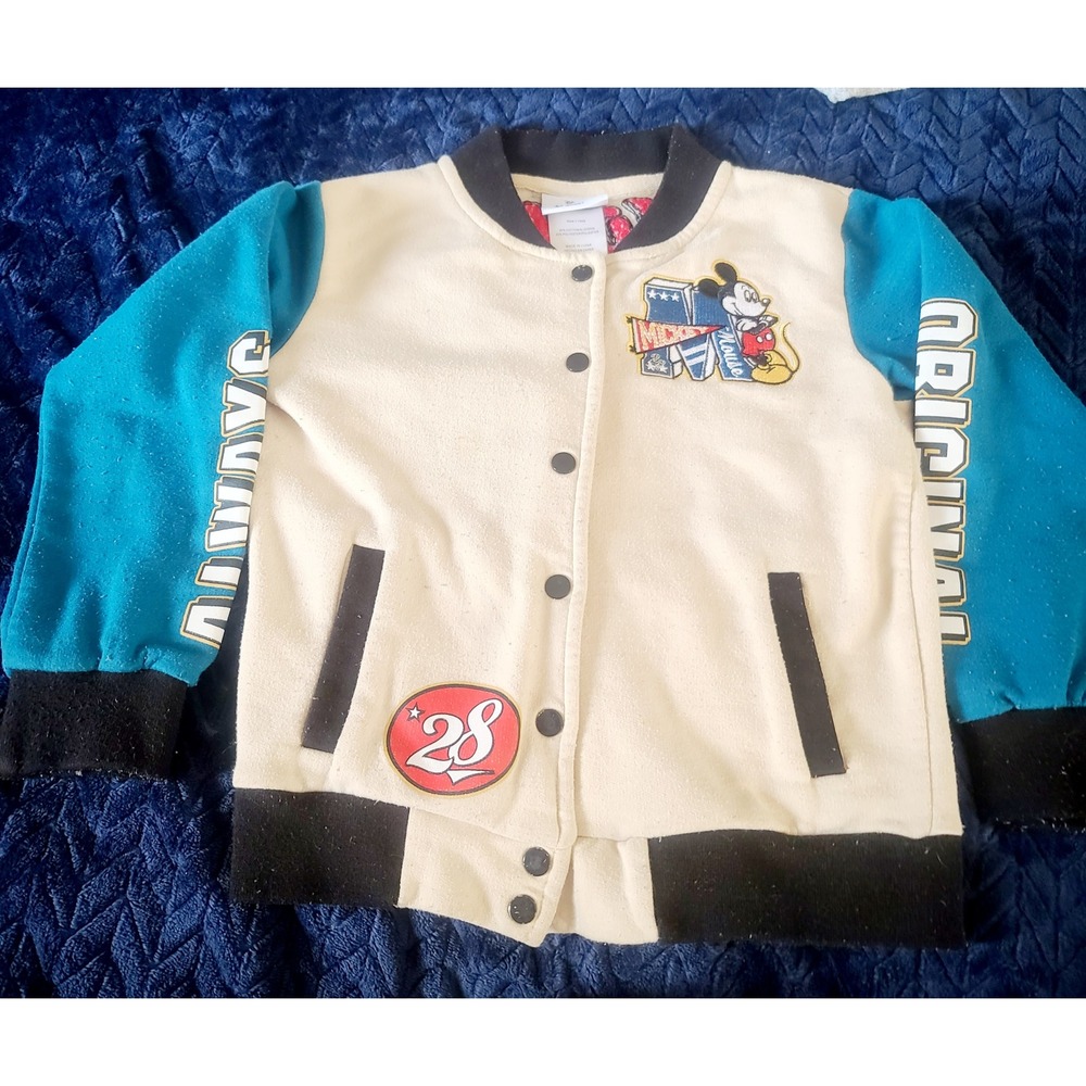 Y2k Disney Mickey Mouse Varsity Jacket Kids 6/7 Cream Teal Always Original Snap